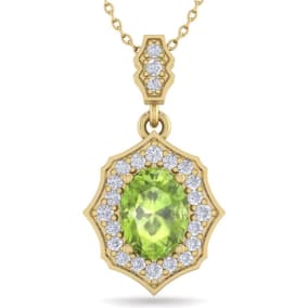 Retrograde Birthstones™ 1 1/2 Carat Oval Shape Peridot and Diamond Necklace In 14 Karat Yellow Gold, 18 Inches