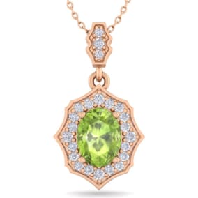 1 1/2 Carat Oval Shape Peridot and Diamond Necklace In 14 Karat Rose Gold, 18 Inches