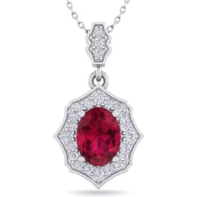 1 3/4 Carat Oval Shape Ruby and Diamond Necklace In 14 Karat White Gold, 18 Inches