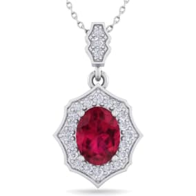 Retrograde Birthstones™ 1 3/4 Carat Oval Shape Ruby and Diamond Necklace In 14 Karat White Gold, 18 Inches