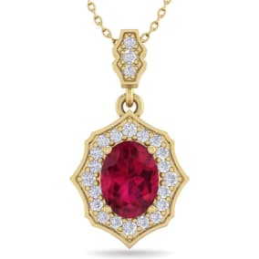 1 3/4 Carat Oval Shape Ruby and Diamond Necklace In 14 Karat Yellow Gold, 18 Inches
