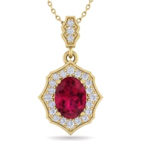 Retrograde Birthstones™ 1 3/4 Carat Oval Shape Ruby and Diamond Necklace In 14 Karat Yellow Gold, 18 Inches