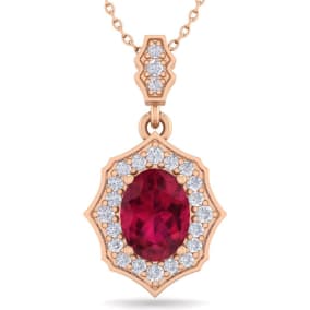 1 3/4 Carat Oval Shape Ruby and Diamond Necklace In 14 Karat Rose Gold, 18 Inches