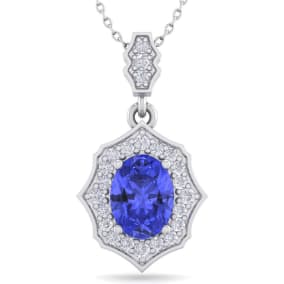 1 1/2 Carat Oval Shape Tanzanite and Diamond Necklace In 14 Karat White Gold, 18 Inches