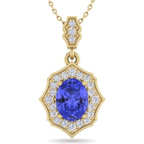 Retrograde Birthstones™ 1 1/2 Carat Oval Shape Tanzanite and Diamond Necklace In 14 Karat Yellow Gold, 18 Inches