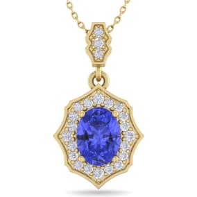 1 1/2 Carat Oval Shape Tanzanite and Diamond Necklace In 14 Karat Yellow Gold, 18 Inches