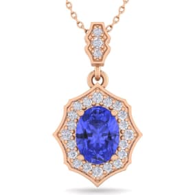 1 1/2 Carat Oval Shape Tanzanite and Diamond Necklace In 14 Karat Rose Gold, 18 Inches