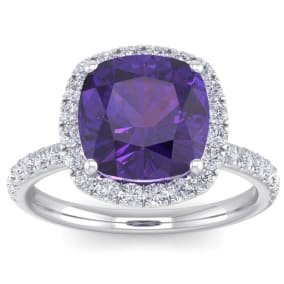 Retrograde Birthstones™ 5 1/2 Carat Cushion Cut Amethyst and Diamond Ring In 14 Karat White Gold