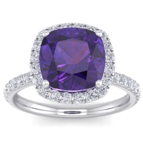 5 1/2 Carat Cushion Cut Amethyst and Diamond Ring In 14 Karat White Gold