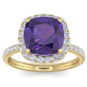 Retrograde Birthstones™ 5 1/2 Carat Cushion Cut Amethyst and Diamond Ring In 14 Karat Yellow Gold