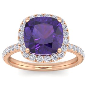 5 1/2 Carat Cushion Cut Amethyst and Diamond Ring In 14 Karat Rose Gold