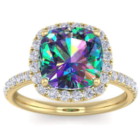Retrograde Birthstones™ 5-1/2 Carat Cushion Shape Mystic Topaz Ring With diamond Halo In 14 Karat Yellow Gold