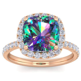 5-1/2 Carat Cushion Shape Mystic Topaz Ring With diamond Halo In 14 Karat Rose Gold