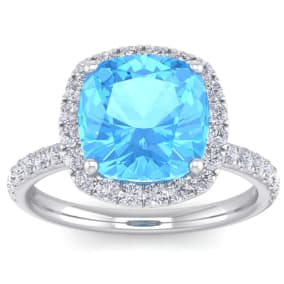 6 Carat Cushion Cut Blue Topaz and Diamond Ring In 14 Karat White Gold