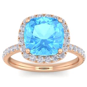6 Carat Cushion Cut Blue Topaz and Diamond Ring In 14 Karat Rose Gold