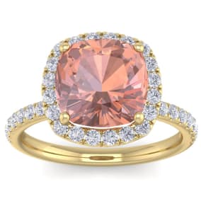Retrograde Birthstones™ 5 Carat Cushion Cut Morganite and Diamond Ring In 14 Karat Yellow Gold