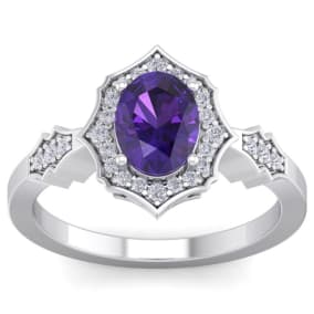Retrograde Birthstones™ 1 1/3 Carat Oval Shape Amethyst and Diamond Ring In 14 Karat White Gold