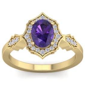 Retrograde Birthstones™ 1 1/3 Carat Oval Shape Amethyst and Diamond Ring In 14 Karat Yellow Gold