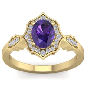 1 1/3 Carat Oval Shape Amethyst and Diamond Ring In 14 Karat Yellow Gold