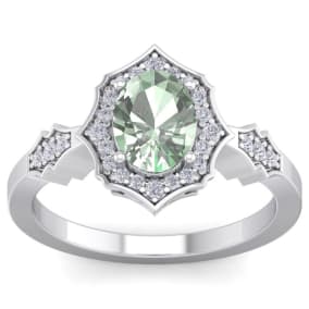 Retrograde Birthstones™ 1 1/3 Carat Oval Shape Green Amethyst and Diamond Ring In 14 Karat White Gold
