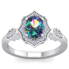 Retrograde Birthstones™ 1-1/3 Carat Oval Shape Mystic Topaz Ring And Diamonds In 14 Karat White Gold
