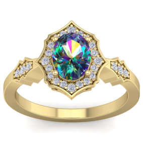 Retrograde Birthstones™ 1-1/3 Carat Oval Shape Mystic Topaz Ring And Diamonds In 14 Karat Yellowe Gold