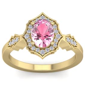 Pink Gemstones 1 3/4 Carat Oval Shape Pink Topaz and Diamond Ring In 14 Karat Yellow Gold