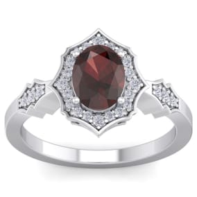 Retrograde Birthstones™ 1 3/4 Carat Oval Shape Garnet and Diamond Ring In 14 Karat White Gold
