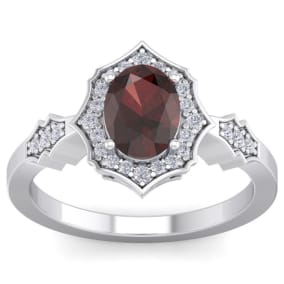 Garnet Ring: Garnet Jewelry: 1 3/4 Carat Oval Shape Garnet and Diamond Ring In 14 Karat White Gold