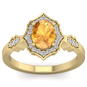 1 1/3 Carat Oval Shape Citrine and Diamond Ring In 14 Karat Yellow Gold