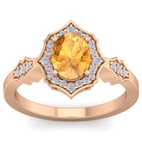 1 1/3 Carat Oval Shape Citrine and Diamond Ring In 14 Karat Rose Gold