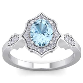 Retrograde Birthstones™ 1 1/2 Carat Oval Shape Aquamarine and Diamond Ring In 14 Karat White Gold