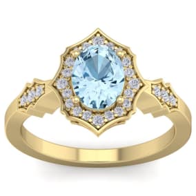 Aquamarine Ring: Aquamarine Jewelry: 1 1/2 Carat Oval Shape Aquamarine and Diamond Ring In 14 Karat Yellow Gold