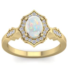 Retrograde Birthstones™ 1-1/4 Carat Oval Shape Opal Ring with Diamonds In 14 Karat Yellow Gold