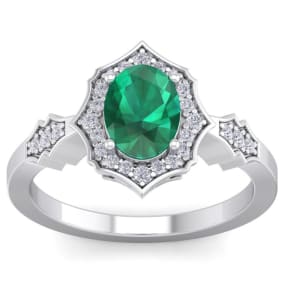 Retrograde Birthstones™ 1 1/2 Carat Oval Shape Emerald and Diamond Ring In 14 Karat White Gold