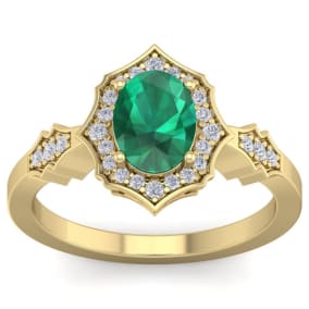 1 1/2 Carat Oval Shape Emerald and Diamond Ring In 14 Karat Yellow Gold