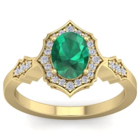 Retrograde Birthstones™ 1 1/2 Carat Oval Shape Emerald and Diamond Ring In 14 Karat Yellow Gold