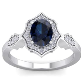 1 3/4 Carat Oval Shape Sapphire and Diamond Ring In 14 Karat White Gold