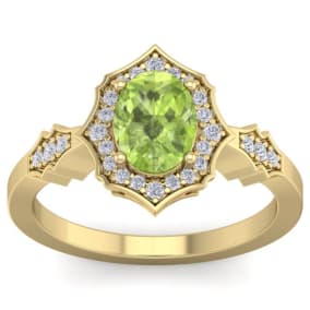 Retrograde Birthstones™ 1 1/2 Carat Oval Shape Peridot and Diamond Ring In 14 Karat Yellow Gold