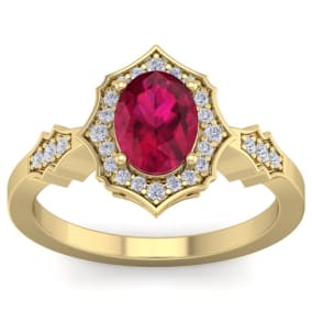 1 3/4 Carat Oval Shape Ruby and Diamond Ring In 14 Karat Yellow Gold