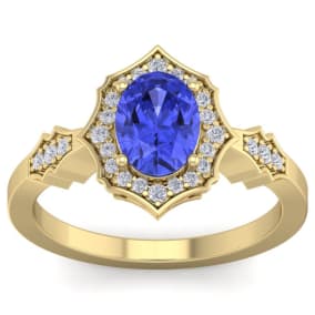 Retrograde Birthstones™ 1 1/2 Carat Oval Shape Tanzanite and Diamond Ring In 14 Karat Yellow Gold