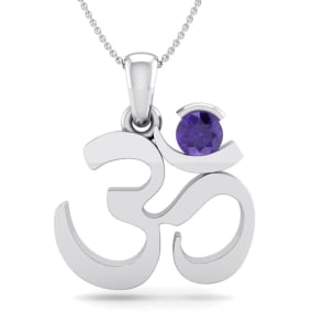 Retrograde Birthstones™ 1/4 Carat Amethyst Om Necklace In 14 Karat White Gold, 18 Inches