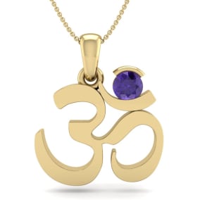 Retrograde Birthstones™ 1/4 Carat Amethyst Om Necklace In 14 Karat Yellow Gold, 18 Inches