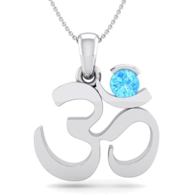 Retrograde Birthstones™ 1/3 Carat Blue Topaz Om Necklace In 14 Karat White Gold, 18 Inches