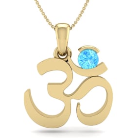 Retrograde Birthstones™ 1/3 Carat Blue Topaz Om Necklace In 14 Karat Yellow Gold, 18 Inches
