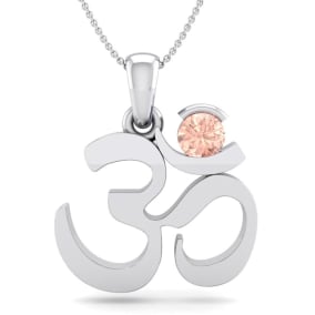 1/4 Carat Round Shape Morganite Om Necklace In 14 Karat White Gold With 18 Inch Chain