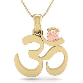 1/4 Carat Round Shape Morganite Om Necklace In 14 Karat Yellow Gold With 18 Inch Chain