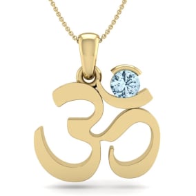 Aquamarine Necklace: Aquamarine Jewelry: 1/4 Carat Aquamarine Om Necklace In 14 Karat Yellow Gold, 18 Inches