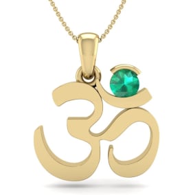 Retrograde Birthstones™ 1/4 Carat Emerald Om Necklace In 14 Karat Yellow Gold, 18 Inch Chain