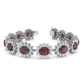 Garnet Bracelet: Garnet Jewelry: 24 Carat Oval Shape Garnet and Halo Diamond Bracelet In 14 Karat White Gold, 7 Inches